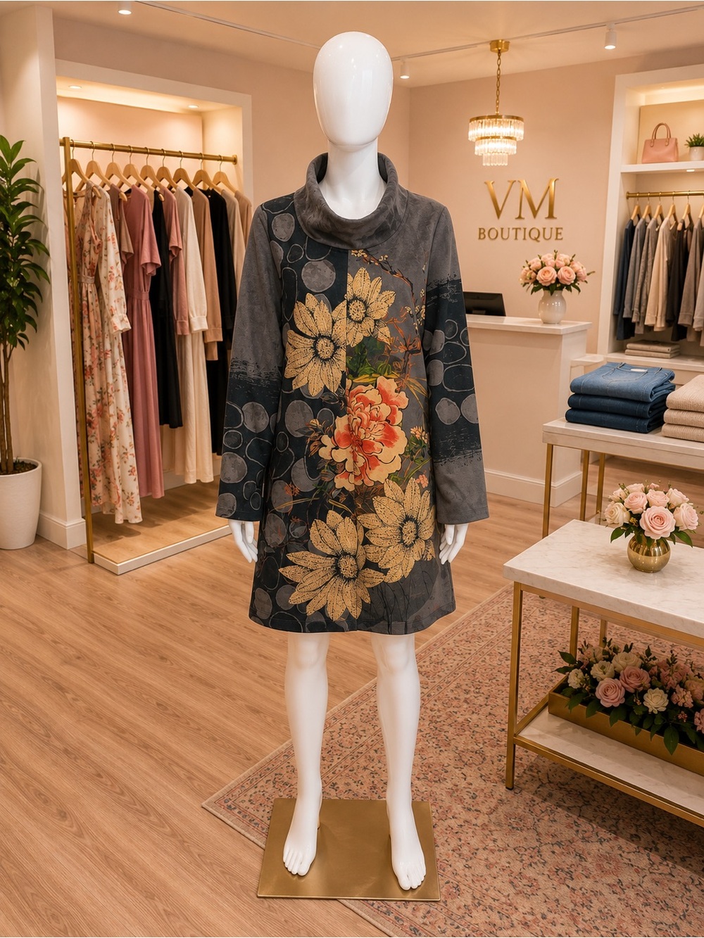 NWOT Shana Apparel Charcoal Floral Midi Dress with Cowl Neck